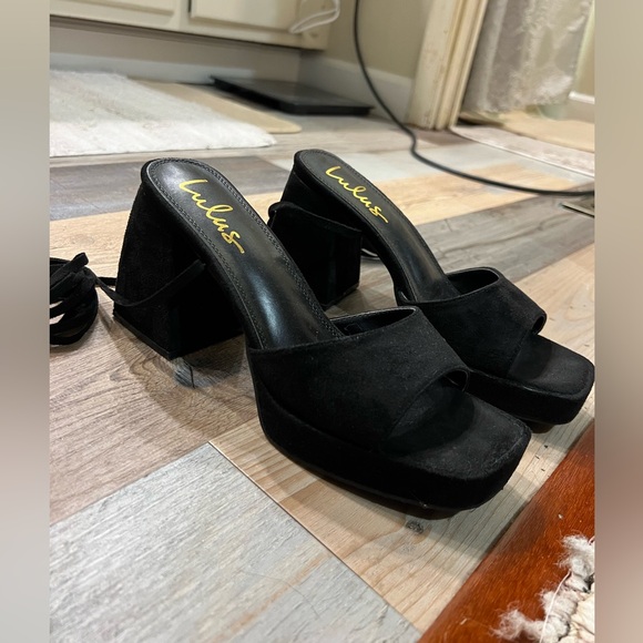 Lulus Fiyaa Black Suede Lace-Up Chunky High Heel Sandals - Picture 7 of 12